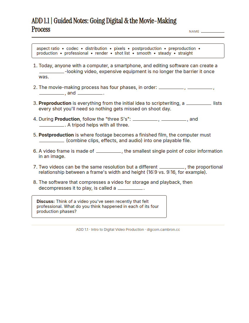 Preview of 1.1 Guided Notes: Going Digital & the Movie-Making Process