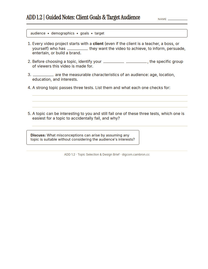 Preview of 1.2 Guided Notes: Client Goals & Target Audience