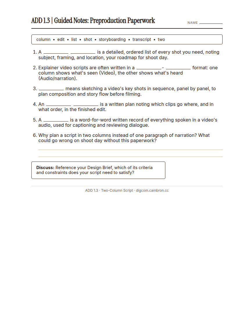 Preview of 1.3 Guided Notes: Preproduction Paperwork