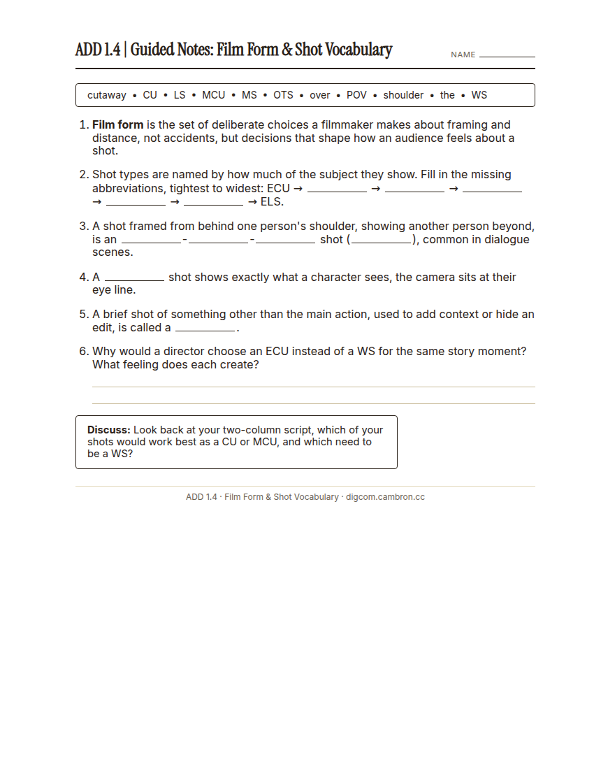 Preview of 1.4 Guided Notes: Film Form & Shot Vocabulary