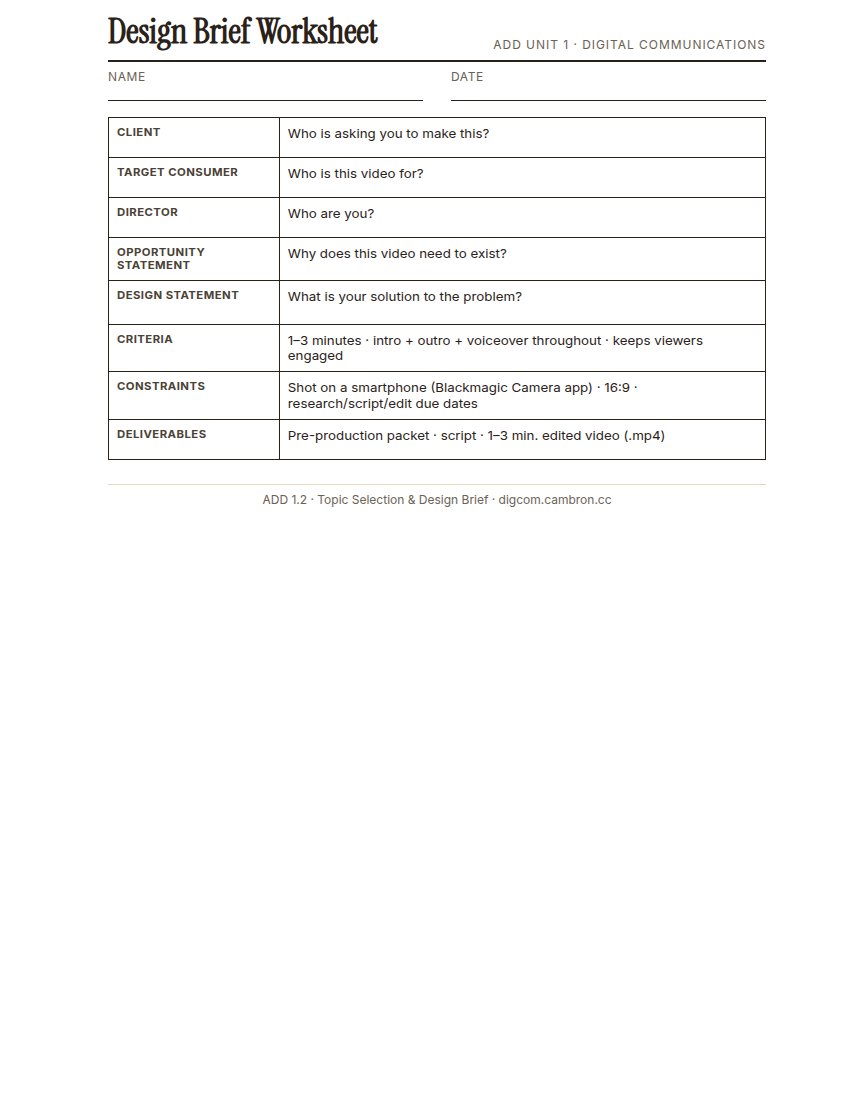 Preview of Design Brief Worksheet