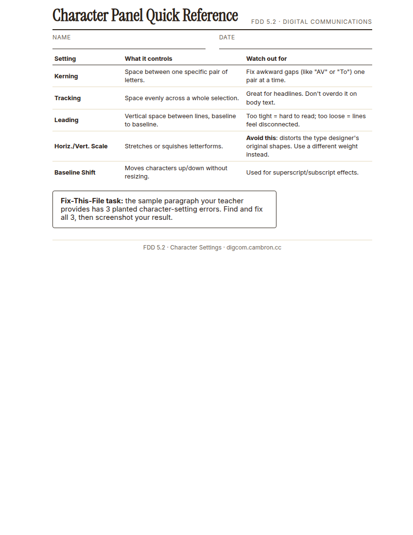 Preview of Character Panel Quick Reference
