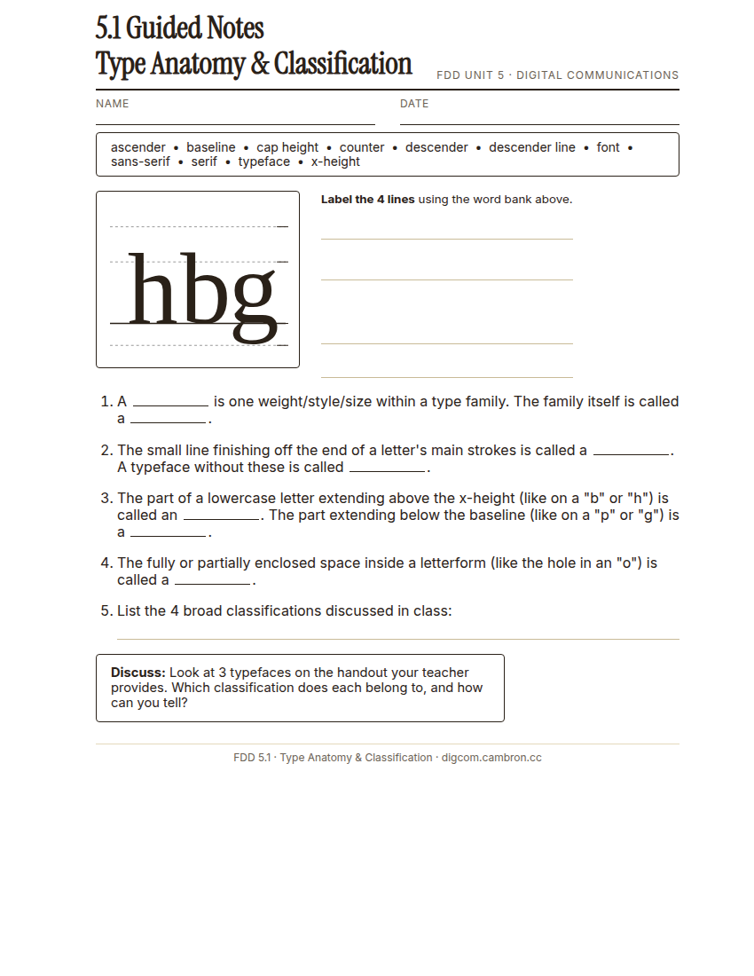 Preview of 5.1 Guided Notes: Type Anatomy & Classification