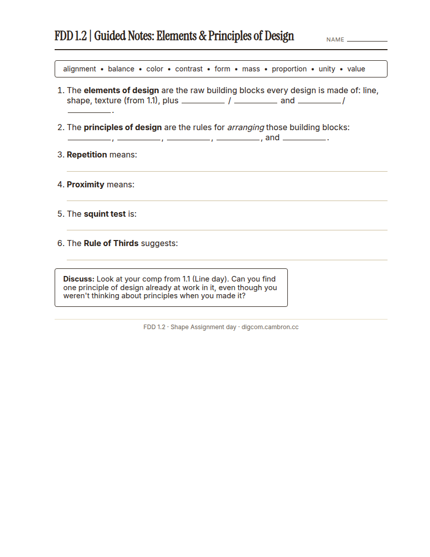 Preview of 1.2 Guided Notes: Elements & Principles