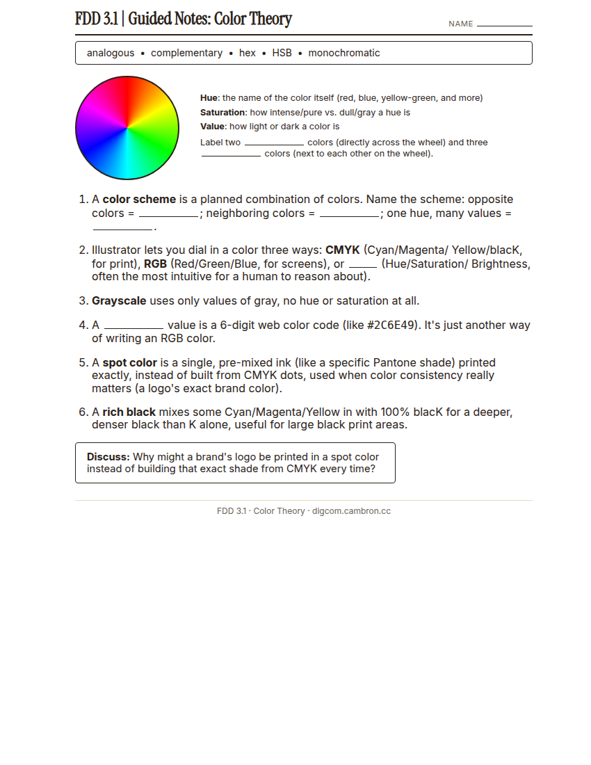 Preview of 3.1 Guided Notes: Color Theory
