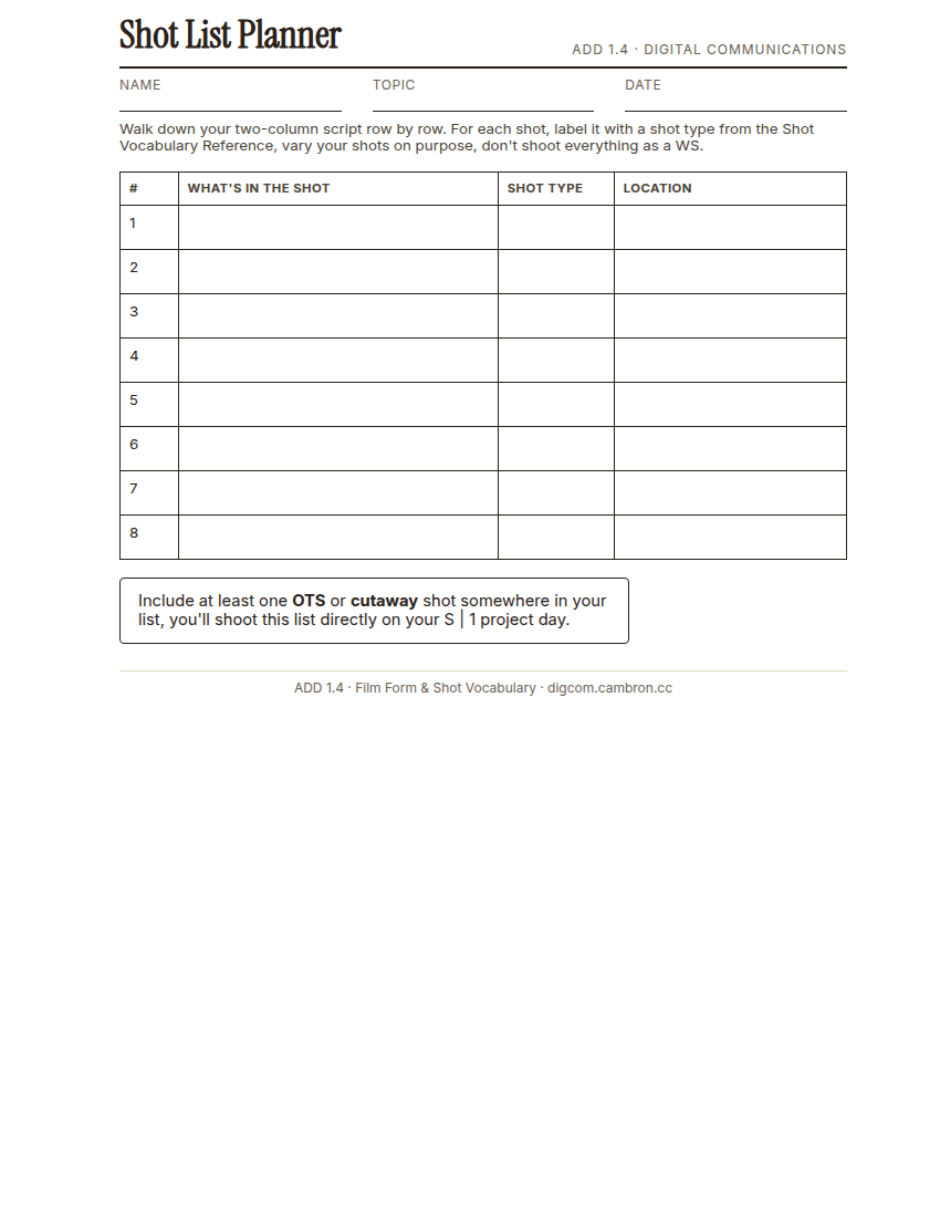 Preview of Shot List Planner